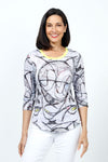 Top Ligne Abstract Swirls Crew Top.  Black abstract swirl top on white with touches of yellow accents.  Yellow trim at neckline.  Crew neck with 3/4 sleeve.  Curved hem.  Relaxed fit._t_35222615687368