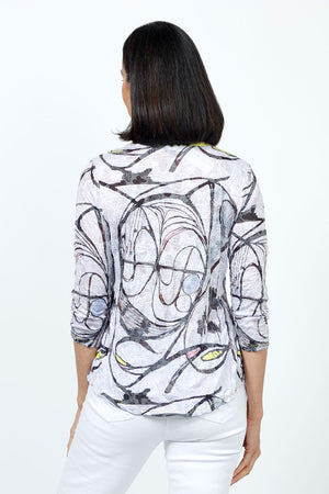 Top Ligne Abstract Swirls Crew Top. Black abstract swirl top on white with touches of yellow accents. Yellow trim at neckline. Crew neck with 3/4 sleeve. Curved hem. Relaxed fit._35222615720136