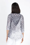 Top Ligne Hexagonal Shredded Back Top in Black I& White. Gradient printed hexagonal shapes in black and white. V neck 3/4 sleeve crinkle top with red button detail at sleeve hem. Inset v at back with shredded strips of fabric. Relaxed fit._t_35333581308104