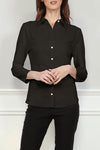 Hinson Wu jamie T Shirt Blouse in Black.  Pointed collar button down with 3/4 sleeve.  Hybrid fabrications: stretch poplin front and side panels.  Stretch knit jersey sleeves and back.  Shirt tail hem.  Classic fit._t_34826926915784