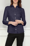 Hinson Wu jamie T Shirt Blouse in Navy.  Pointed collar button down with 3/4 sleeve. Hybrid fabrications: stretch poplin front and side panels. Stretch knit jersey sleeves and back. Shirt tail hem. Classic fit._t_34826926948552