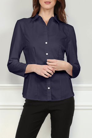 Hinson Wu jamie T Shirt Blouse in Navy.  Pointed collar button down with 3/4 sleeve. Hybrid fabrications: stretch poplin front and side panels. Stretch knit jersey sleeves and back. Shirt tail hem. Classic fit._34826926948552