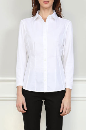 Hinson Wu jamie T Shirt Blouse in White.  Pointed collar button down with 3/4 sleeve. Hybrid fabrications: stretch poplin front and side panels. Stretch knit jersey sleeves and back. Shirt tail hem. Classic fit._34826926981320
