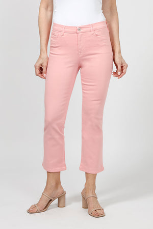 Elliott Lauren Denim Baby Boot Cut Crop Jean in Shrimp pink. 5 pocket jean with button and zipper closure. Belt loops. Snug through hip and thigh, flares gently below knee. 25 1/2" inseam._34999900274888