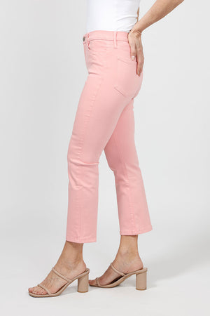Elliott Lauren Denim Baby Boot Cut Crop Jean in Shrimp pink. 5 pocket jean with button and zipper closure. Belt loops. Snug through hip and thigh, flares gently below knee. 25 1/2" inseam._34999900340424