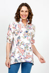 Beau Chemise Bobbi Folklore Blouse.  Vintage floral print in multi colors on a white background.  Adjustable wire collar button down with 3/4 sleeve with elastic cuff.  2 front slant pouch pockets with welt trim.  Relaxed fit._t_35408419291336