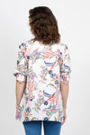 Beau Chemise Bobbi Folklore Blouse. Vintage floral print in multi colors on a white background. Adjustable wire collar button down with 3/4 sleeve with elastic cuff. 2 front slant pouch pockets with welt trim. Relaxed fit._t_35408419258568