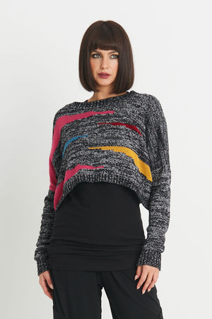 Planet Multi Color Sweater.  Two tone knit with boucle multi colored splashed of color.  Crew neck, cropped sweater with rib trim at neck, cuff and hem. Long sleeves.  Dropped shoulder.  Oversized fit.  One size fits many._34304465961160