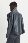 Planet Vegan Leather Asymmetrical Jacket in Obsidian, a dark gray. Open jacket with asymmetric hem and wide collar. Long sleeves._t_34300867739848
