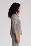 Sympli Slouch Sweatshirt in Melange Sand. Heathered medium beige fabric. Draped cowl neck top with dolman 3/4 sleeve with cuff. Drop shoulder. Relaxed fit._t_35103235801288