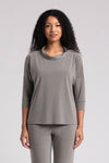 Sympli Slouch Sweatshirt in Melange Sand.  Heathered medium beige fabric.  Draped cowl neck top with dolman 3/4 sleeve with cuff.  Drop shoulder.  Relaxed fit._t_35103235899592