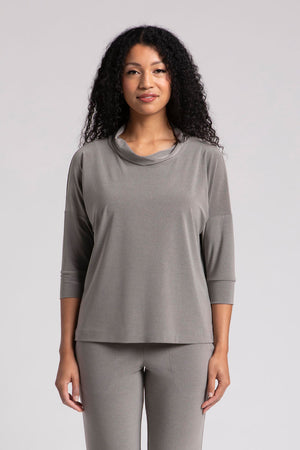 Sympli Slouch Sweatshirt in Melange Sand.  Heathered medium beige fabric.  Draped cowl neck top with dolman 3/4 sleeve with cuff.  Drop shoulder.  Relaxed fit._35103235899592