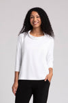 Sympli Slouch Sweatshirt in White. Draped cowl neck top with dolman 3/4 sleeve with cuff. Drop shoulder. Relaxed fit._t_35103236096200