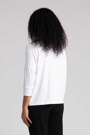 Sympli Slouch Sweatshirt in White. Draped cowl neck top with dolman 3/4 sleeve with cuff. Drop shoulder. Relaxed fit._35103236161736