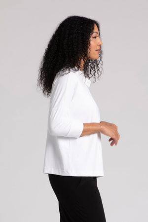 Sympli Slouch Sweatshirt in White. Draped cowl neck top with dolman 3/4 sleeve with cuff. Drop shoulder. Relaxed fit._35103235834056