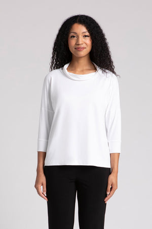 Sympli Slouch Sweatshirt in White. Draped cowl neck top with dolman 3/4 sleeve with cuff. Drop shoulder. Relaxed fit._35103235866824
