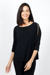 Sympli Convoy Top in Black. Boat neck relaxed top with elbow length slit sleeve. Functional buttons on sleeve. Slightly tapered to hem_t_35033450873032