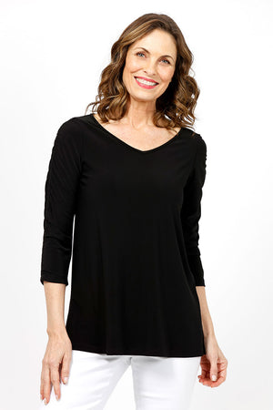 Sympli Revelry Ruched Sleeve Top in Black. V neck 3/4 sleeve with ruch detail down center sleeve. Side slits. A line shape. Relaxed fit._35242310992072