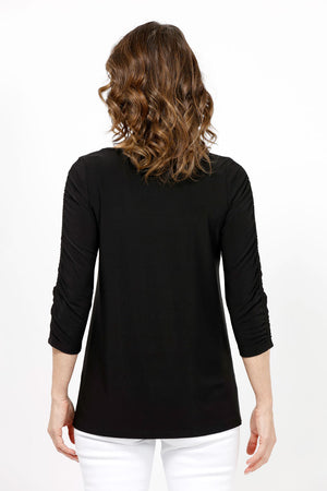 Sympli Revelry Ruched Sleeve Top in Black. V neck 3/4 sleeve with ruch detail down center sleeve. Side slits. A line shape. Relaxed fit._35242310598856