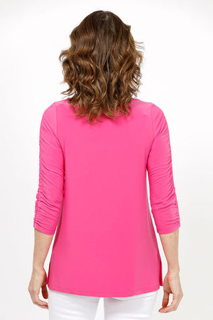 Sympli Revelry Ruched Sleeve Top in Peony. V neck 3/4 sleeve with ruched detail down center sleeve. Side slits. A line shape. Relaxed fit._35242310893768