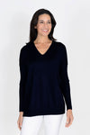 Metric V Neck Ribbed Sleeve Sweater in Black. V neck sweater with dropped shoulder and long ribbed sleeve. Ribbed hem with side slits. Relaxed fit._t_34740564984008
