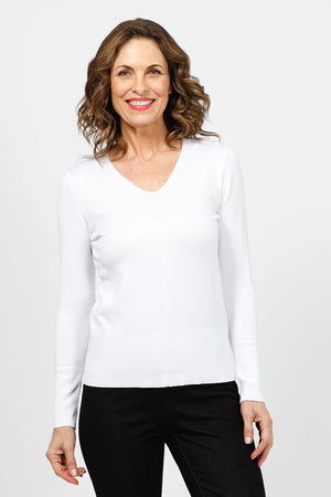 Metric Front Seam V Neck Sweater in White. V neck pullover long sleeve sweater. Raised front center seam. Classic fit._35066019643592