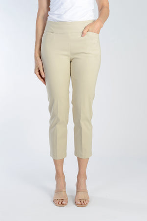 The Holland Ave Millennium Crop with Pocket in Stone. Techno stretch pull on pant with 2 front slash pockets. 2 1/2" waistband. Slim through leg. 26" inseam._34960222093512