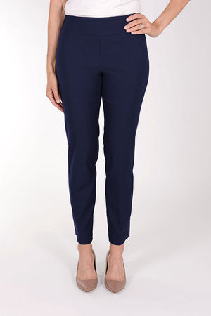 Holland Ave Millennium Ankle Pant in Navy. Pull on pant with 2 1/2" curved waistband. Tight through hip and thigh, straight through leg. 28" inseam_34827128373448