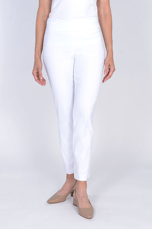 Holland Ave Millennium Ankle Pant in White.  Pull on pant  with 2 1/2" curved waistband.  Tight through hip and thigh, straight through leg.  28" inseam._34231039852744