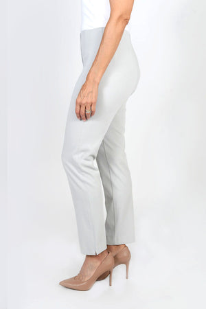 Holland Ave Sammy Denim Ankle Pant in Pearl gray. Pull on hidden waistband pant with faux zipper placket. Snug through hip and thigh falls straight to hem. 28" inseam._34827100553416