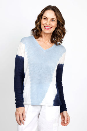 Elliott Lauren Summer Fling Ombre Sweater in Blue/White. V neck linen relaxed sweater in vertical ombre through body.  Long solid ribbed sleeves.  Dropped shoulder.  Rib trim at neck and hem._35419591147720