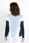 Elliott Lauren Summer Fling Ombre Sweater in Blue/White. V neck linen relaxed sweater in vertical ombre through body. Long solid ribbed sleeves. Dropped shoulder. Rib trim at neck and hem._t_35419591114952