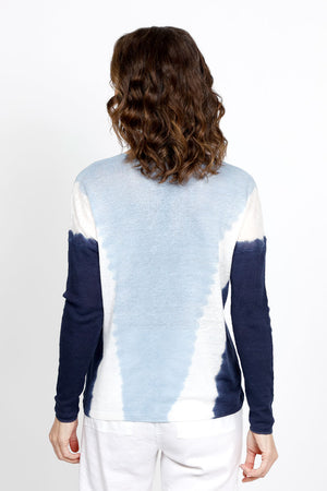 Elliott Lauren Summer Fling Ombre Sweater in Blue/White. V neck linen relaxed sweater in vertical ombre through body. Long solid ribbed sleeves. Dropped shoulder. Rib trim at neck and hem._35419591114952
