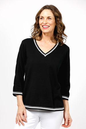 Metric Stripe Border Sweater in Black.  White double stripe at neck, cuff and hem.  V neck, 3/4 sleeve sweater.  Open weave knit down center of arm.  Relaxed fit._35066090193096