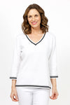 Metric Stripe Border Sweater in White. Black double stripe at neck, cuff and hem. V neck, 3/4 sleeve sweater. Open weave knit down center of arm. Relaxed fit._t_35066090324168