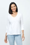 Elliott Lauren V Neck Seam Detail Tee in White. V neck garment dyed 3/4 sleeve top. Wrapped contour seams from front to back. Asymmetric hem. Rib detail at neck hem and cuff. Relaxed fit._t_35552973553864