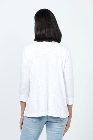 Elliott Lauren V Neck Seam Detail Tee in White. V neck garment dyed 3/4 sleeve top. Wrapped contour seams from front to back. Asymmetric hem. Rib detail at neck hem and cuff. Relaxed fit._35552973488328