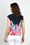 Frederique Groovy Lines Twin Set in Multi. Multi-colored vertical wavy lines print on black. Zip front biker style jacket with coordinating sleeveless tank with matching print. Relaxed fit._t_34995549208776