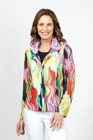 Frederique Groovy Lines Twin Set in Multi.  Multi-colored vertical wavy lines print on black.  Zip front biker style jacket with coordinating sleeveless tank with matching print.  Relaxed fit._34995549339848