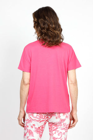 Organic Rags Fringe Star top in Hot Pink. V neck short sleeve top with textured fringe outline of star in front. Rolled edge at neckline. Relaxed fit._34910593351880