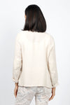 Organic Rags Fringed Linen Jacket in Taupe. Open front banded collar jacket. Long sleeves with elbow patch detail. Faux front flap pockets. Contour seams. Fringed edges at collar and hem._t_34995340148936