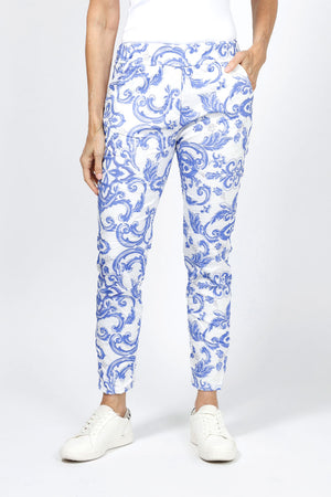 Organic Rags Damask Print Pant in Royal.  Scroll print on a white background.  Elastic waist pull on pant with 2 slash pockets.  No wrinkle pre crinkled fabric.  Slim through leg.  Convertible hem.  27" inseam._34960586440904