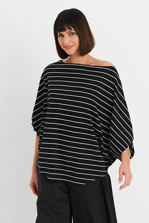 Planet Striped Bateau T in Black with narrow white stripes.  Boatneck dolman elbow length sleeve.  Curved hem. Oversized fit. One size fits many. _34902477013192