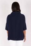 Suzy D Audrey Cowl Neck Top in Navy. Draped cowl neck with dropped shoulder and elbow length sleeve. Side slits. High low hem. Relaxed fit._t_34236625354952