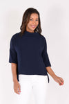 Suzy D Audrey Cowl Neck Top in Navy. Draped cowl neck with dropped shoulder and elbow length sleeve. Side slits. High low hem. Relaxed fit._t_34236624502984