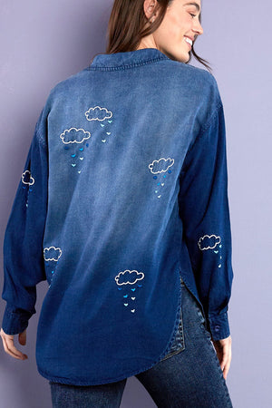 Billy T Love Clouds Embroidered shirt in Denim. Pointed collar button down shirt. Embroidered clouds and hearts. Long sleeves with button cuffs. Shirt tail hem. Relaxed fit._35072674267336