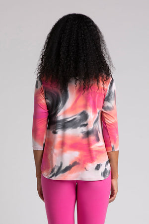 Sympli Go To Classic Relax Print Top in Marble. Shades of pink, black and white swirl print.Modified crew neck 3/4 sleeve relaxed top with curved hem. Side slits. Relaxed fit_34817885798600