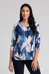 Sympli Go To Classic Relax Print Top in Watery Reflections. Shades of blue with and white abstract print.Modified crew neck 3/4 sleeve relaxed top with curved hem. Side slits. Relaxed fit_t_34817885929672