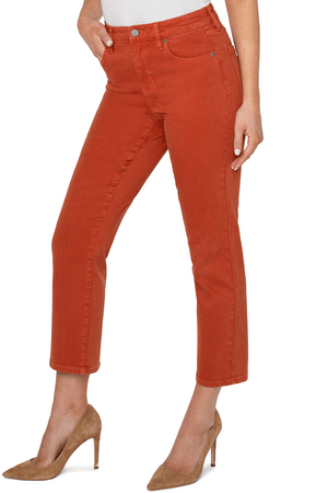 Liverpool Straight Crop Jean in Cinnabar, a rust color. 5 pocket mid rise straight leg jean. 10" rise, 27" inseam._34476609667272