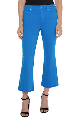 Liverpool Hannah Flare Crop Diva Blue.  Mid rise jean with button and zipper closure.  Belt loops. 5 pocket styling.  Snug through hip and thigh, flares to hem.  Frayed hem.  Inseam: 25 1/2"._34814623744200